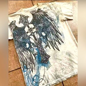 Graphic T-Shirt with Cross and Wings Design